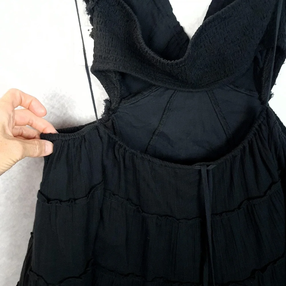 Free People Dress Womens Small Black Tiered Ruffle V-Neck Strappy Gypsy Magnolia